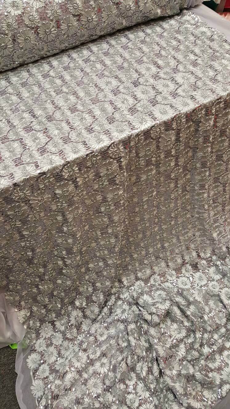 Silver gray lace embroidered flowers floral ribbon sequin on mesh fabric sold by the yard gown Quinceañera bridal Evening dress Gorgeous