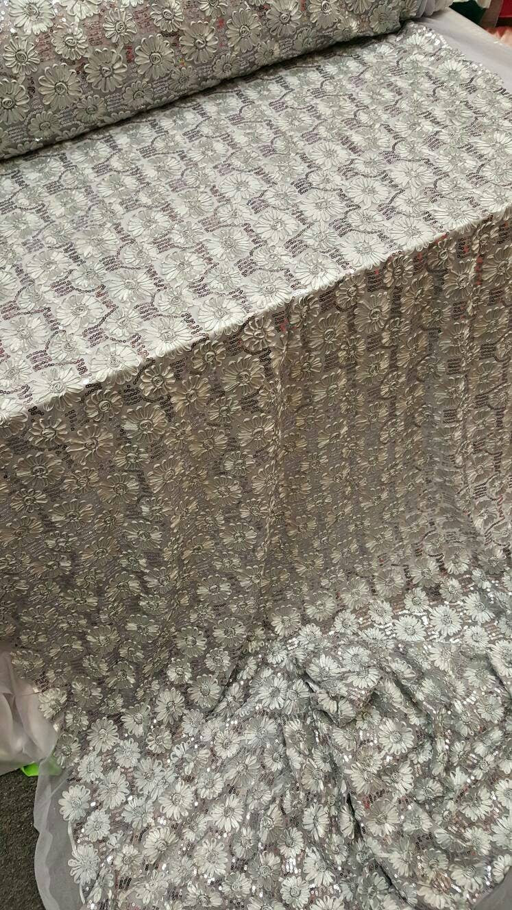 Silver gray lace embroidered flowers floral ribbon sequin on mesh fabric sold by the yard gown Quinceañera bridal Evening dress Gorgeous