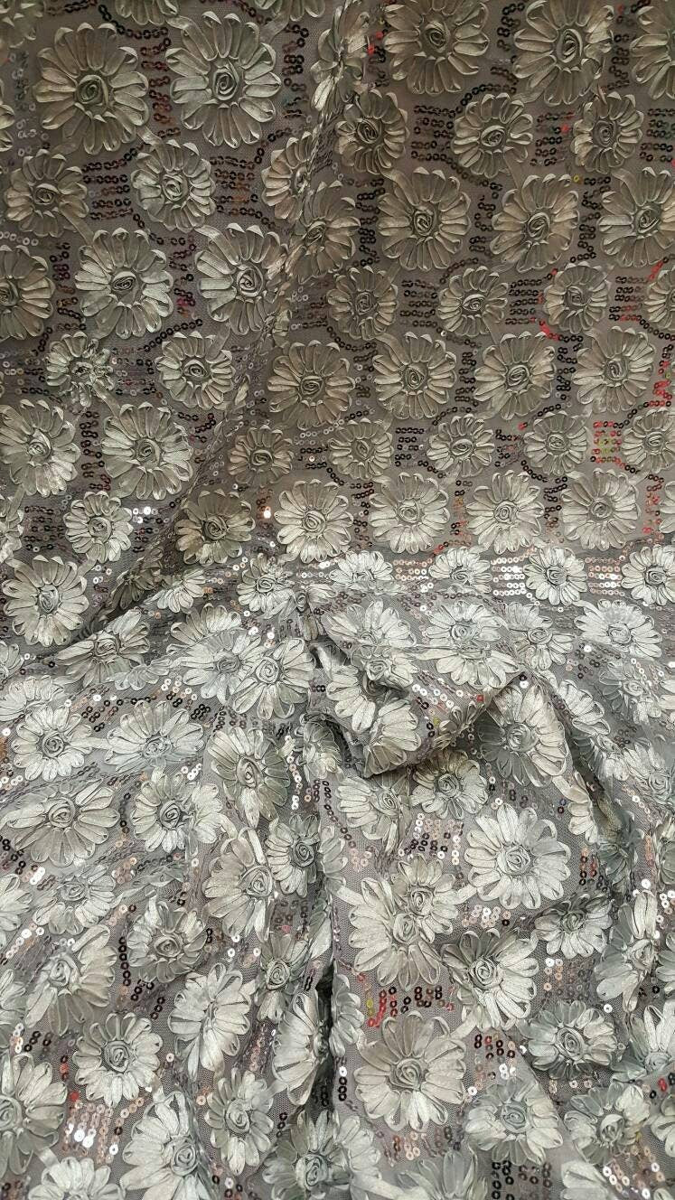 Silver gray lace embroidered flowers floral ribbon sequin on mesh fabric sold by the yard gown Quinceañera bridal Evening dress Gorgeous