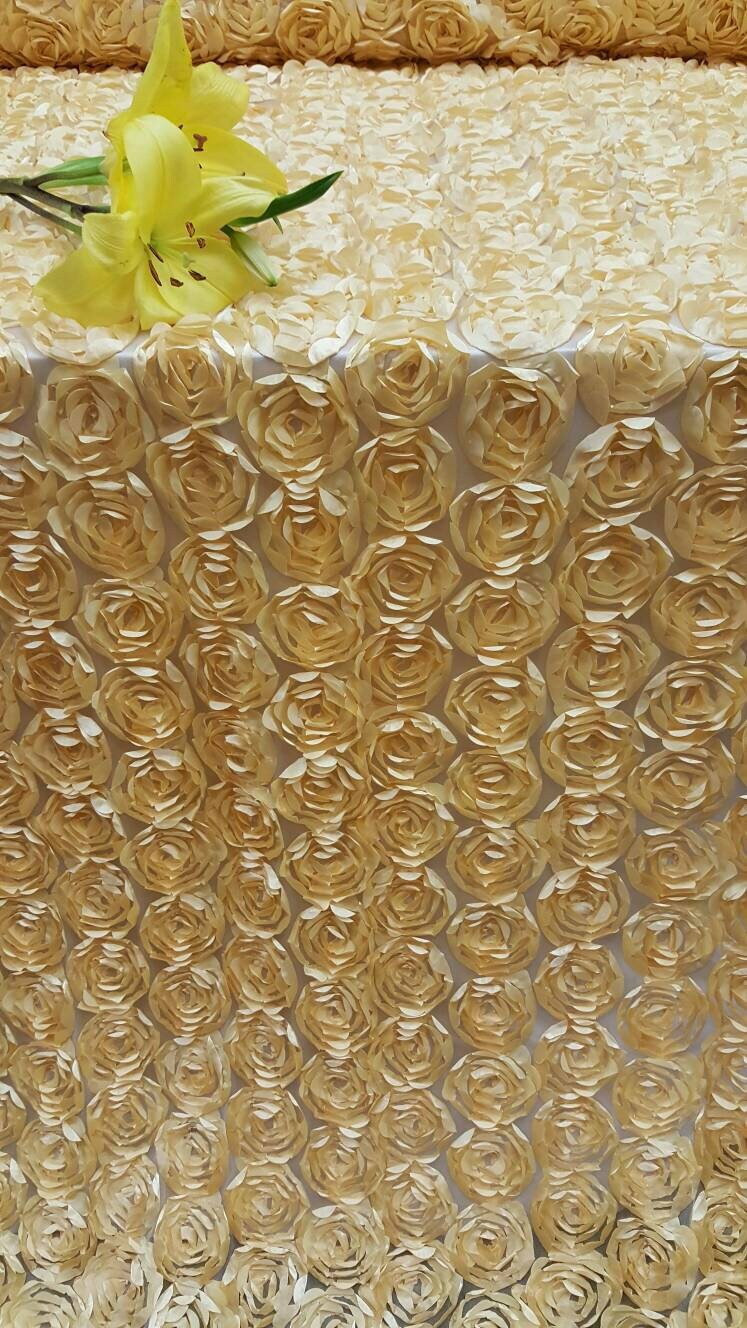 Light Gold Lace 3d Roses Fabric Satin On Mesh Floral Flowers Prom Fabric Sold By The Yard Gown Quinceañera Bridal Evening Decoration