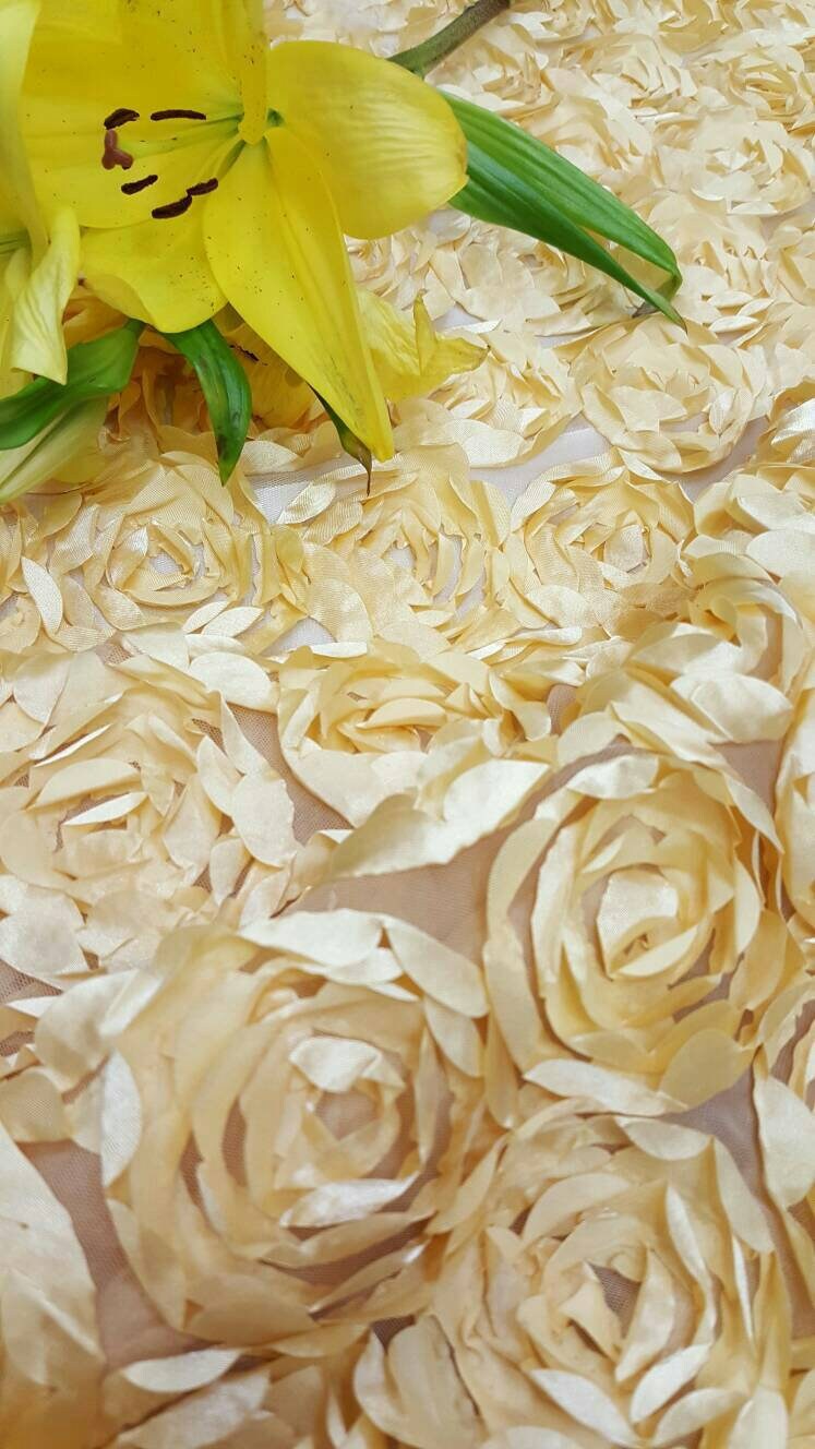 Light Gold Lace 3d Roses Fabric Satin On Mesh Floral Flowers Prom Fabric Sold By The Yard Gown Quinceañera Bridal Evening Decoration