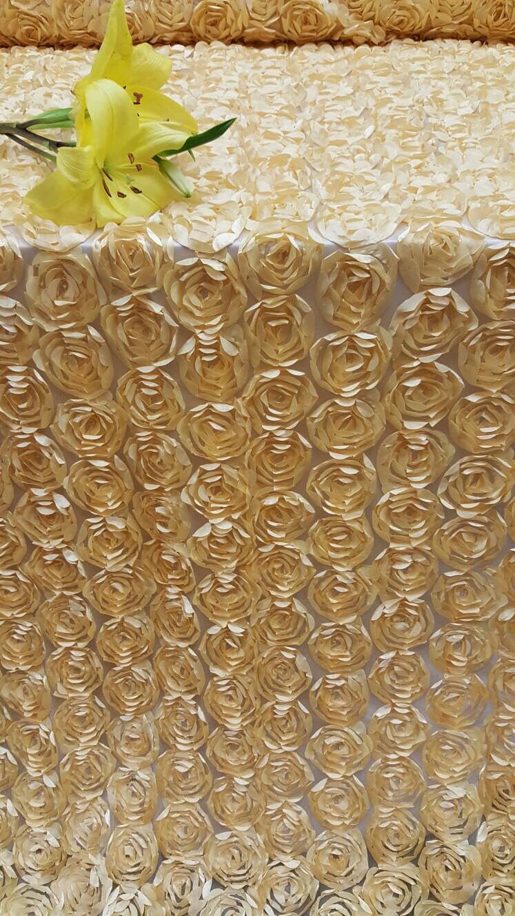 Light Gold Lace 3d Roses Fabric Satin On Mesh Floral Flowers Prom Fabric Sold By The Yard Gown Quinceañera Bridal Evening Decoration