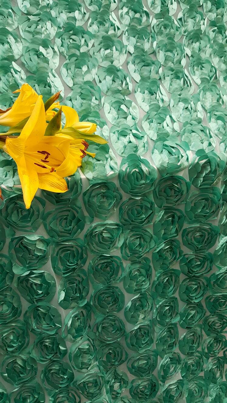 Teal roses fabric lace 3d floral flowers satin on mesh Prom fabric sold by the yard gown Quinceañera bridal Evening dress decoration draping