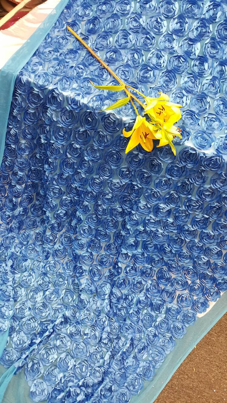 Turquoise roses fabric 3d lace floral flowers satin on mesh Prom fabric sold by the yard gown Quinceañera bridal Evening dress decoration