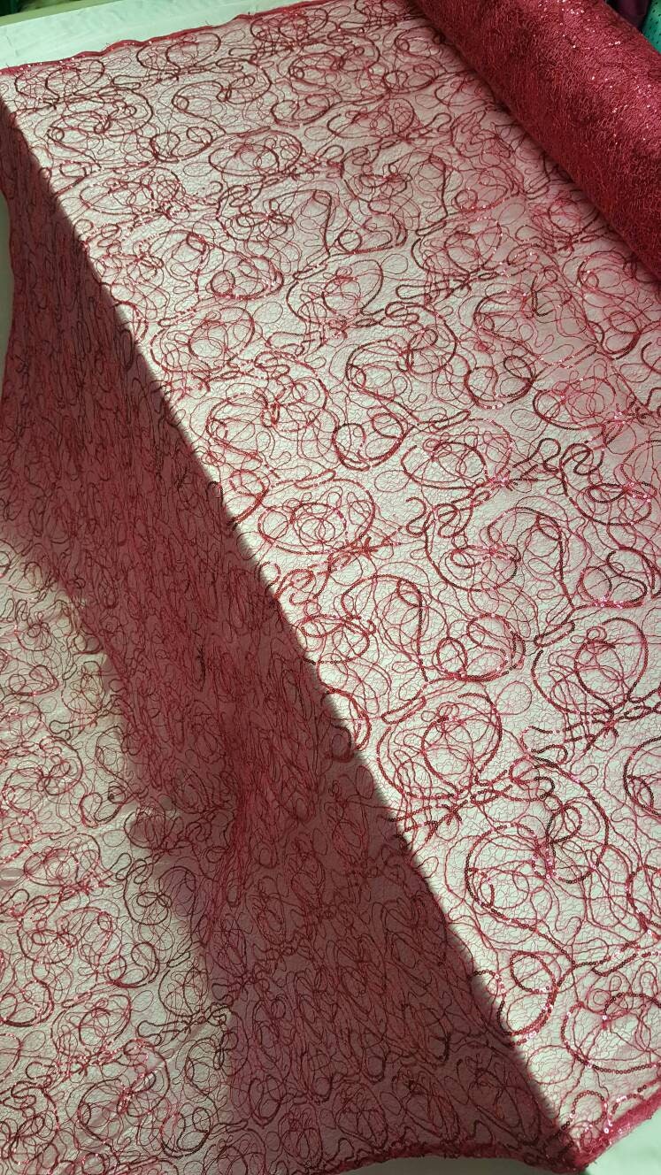 Hot Pink Spider Web Embroidered Lace Sequin Geometric Prom Fabric Sold by the Yard Quinceañera Bridal Party Decoration Draping
