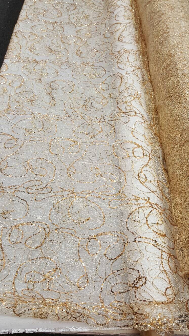 Gold Spider Web Embroidered Lace Sequin Geometric Prom Fabric Sold by the Yard Gown Quinceañera Bridal Gorgeous Decoration