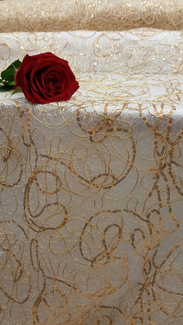 Gold Spider Web Embroidered Lace Sequin Geometric Prom Fabric Sold by the Yard Gown Quinceañera Bridal Gorgeous Decoration