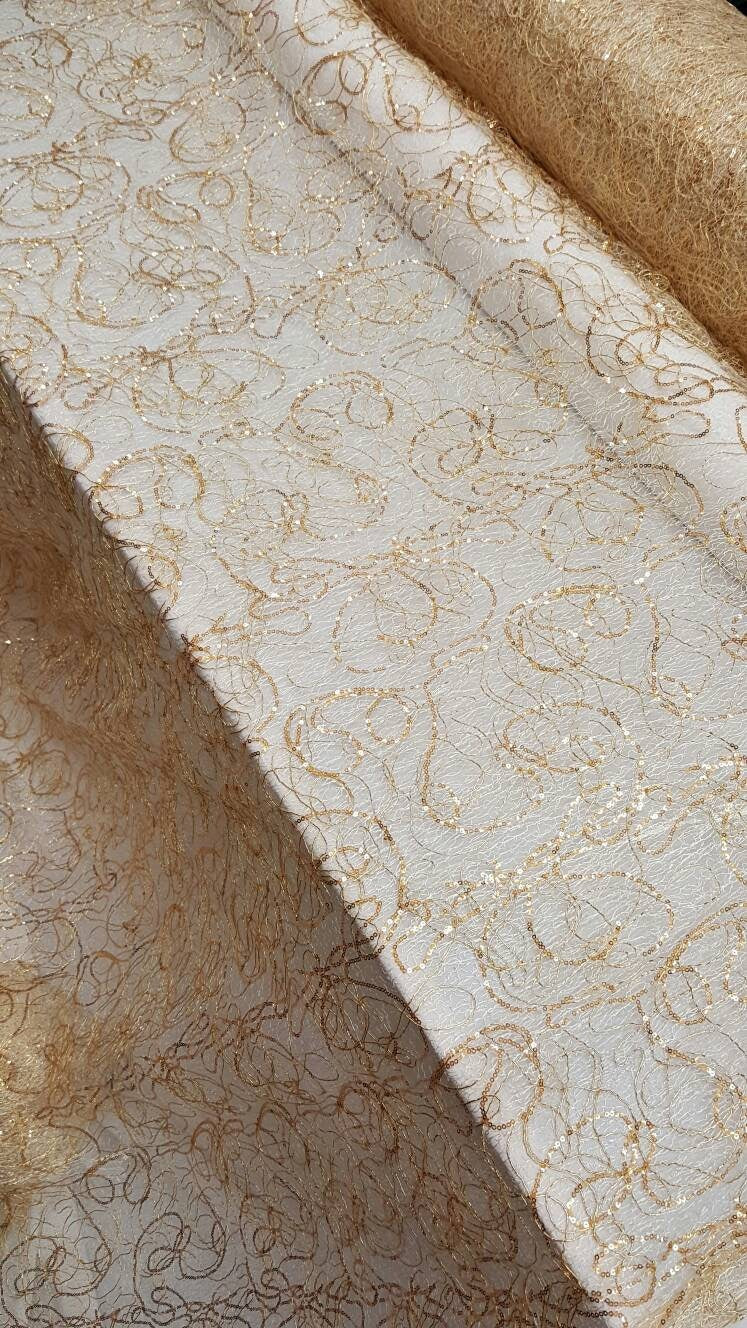 Gold Spider Web Embroidered Lace Sequin Geometric Prom Fabric Sold by the Yard Gown Quinceañera Bridal Gorgeous Decoration