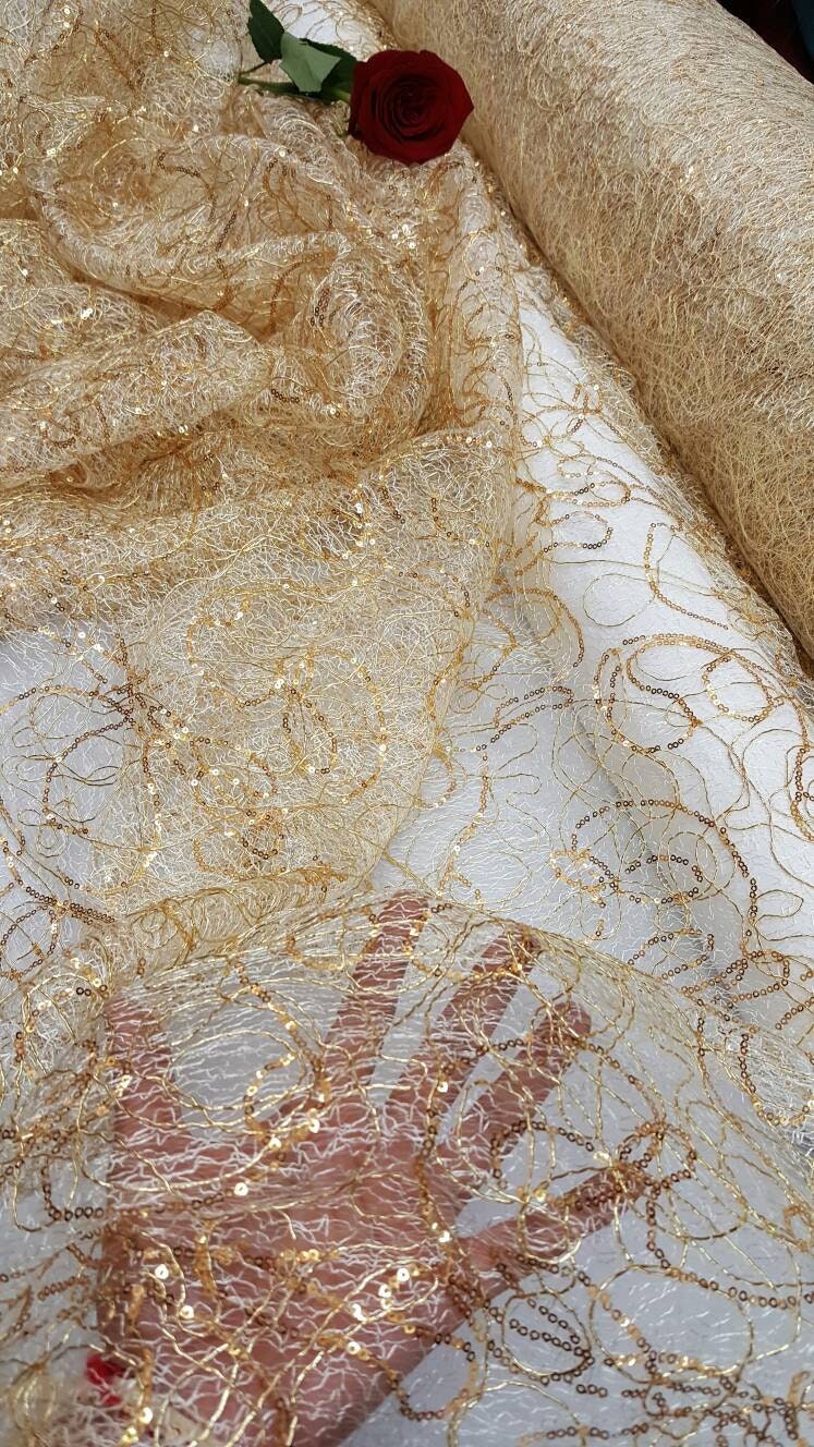 Gold Spider Web Embroidered Lace Sequin Geometric Prom Fabric Sold by the Yard Gown Quinceañera Bridal Gorgeous Decoration