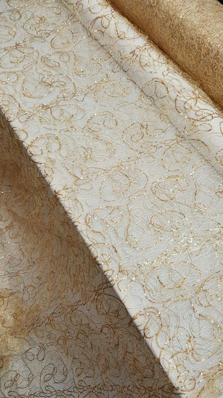 Gold Spider Web Embroidered Lace Sequin Geometric Prom Fabric Sold by the Yard Gown Quinceañera Bridal Gorgeous Decoration