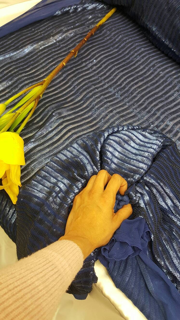 Royal blue matte sequin fabric stripes on mesh 1 way stretch clothing dancer fabric sold by the yard wedding prom gown draping decoration