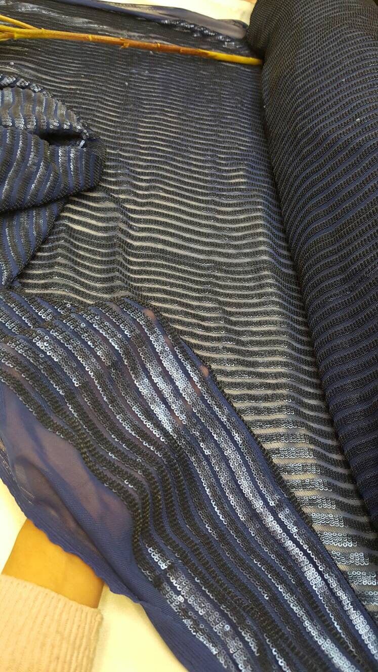 Royal blue matte sequin fabric stripes on mesh 1 way stretch clothing dancer fabric sold by the yard wedding prom gown draping decoration