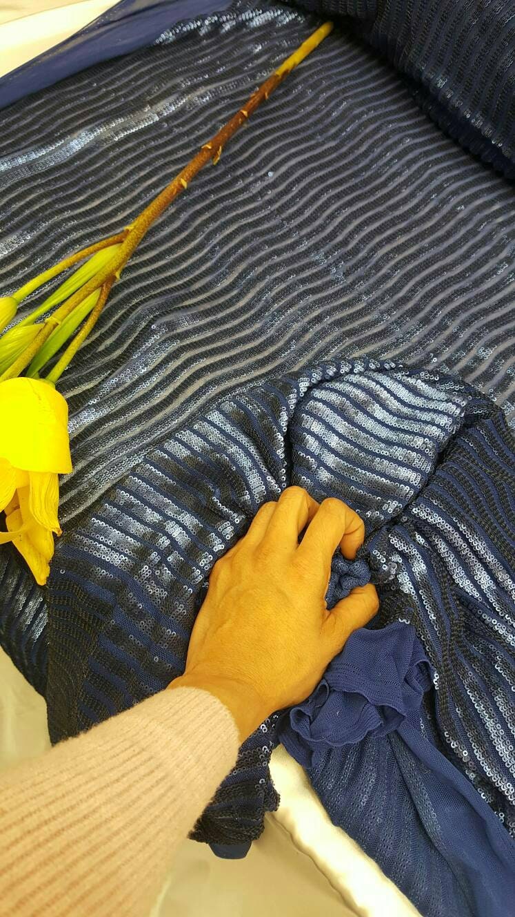 Royal blue matte sequin fabric stripes on mesh 1 way stretch clothing dancer fabric sold by the yard wedding prom gown draping decoration