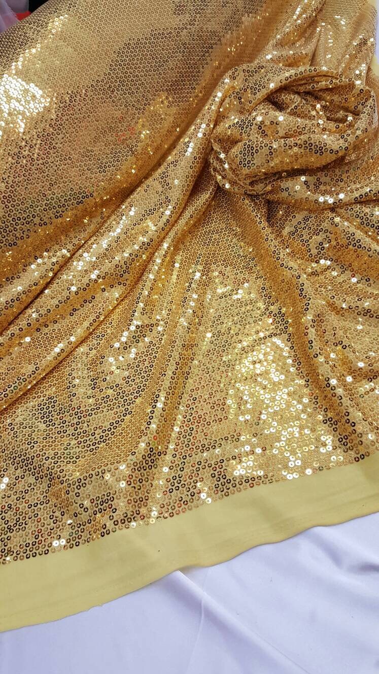 Gold Sequin 2 Way Stretch Yellow Knit Fabric Sold By The Yard Decoration Clothing Draping Gorgeous Dancer Fabric Glitz Sequin