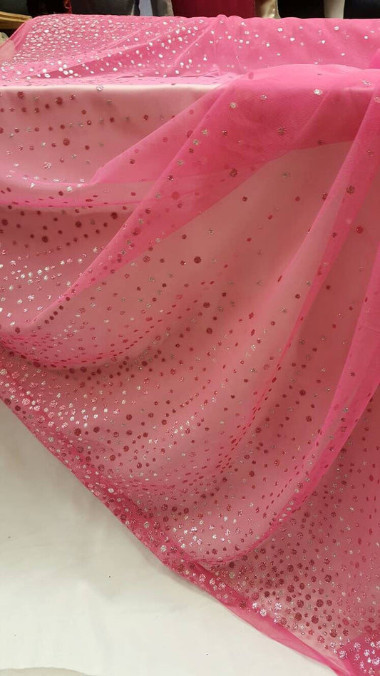 Hot Pink Stretch Mesh Sparkly Glued Silver Pink Glitter Prom Fabric Sold by the Yard Gown Quinceañera Bridal Evening Decoration