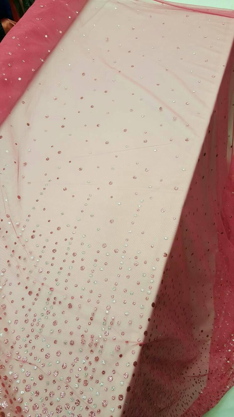 Hot Pink Stretch Mesh Sparkly Glued Silver Pink Glitter Prom Fabric Sold by the Yard Gown Quinceañera Bridal Evening Decoration