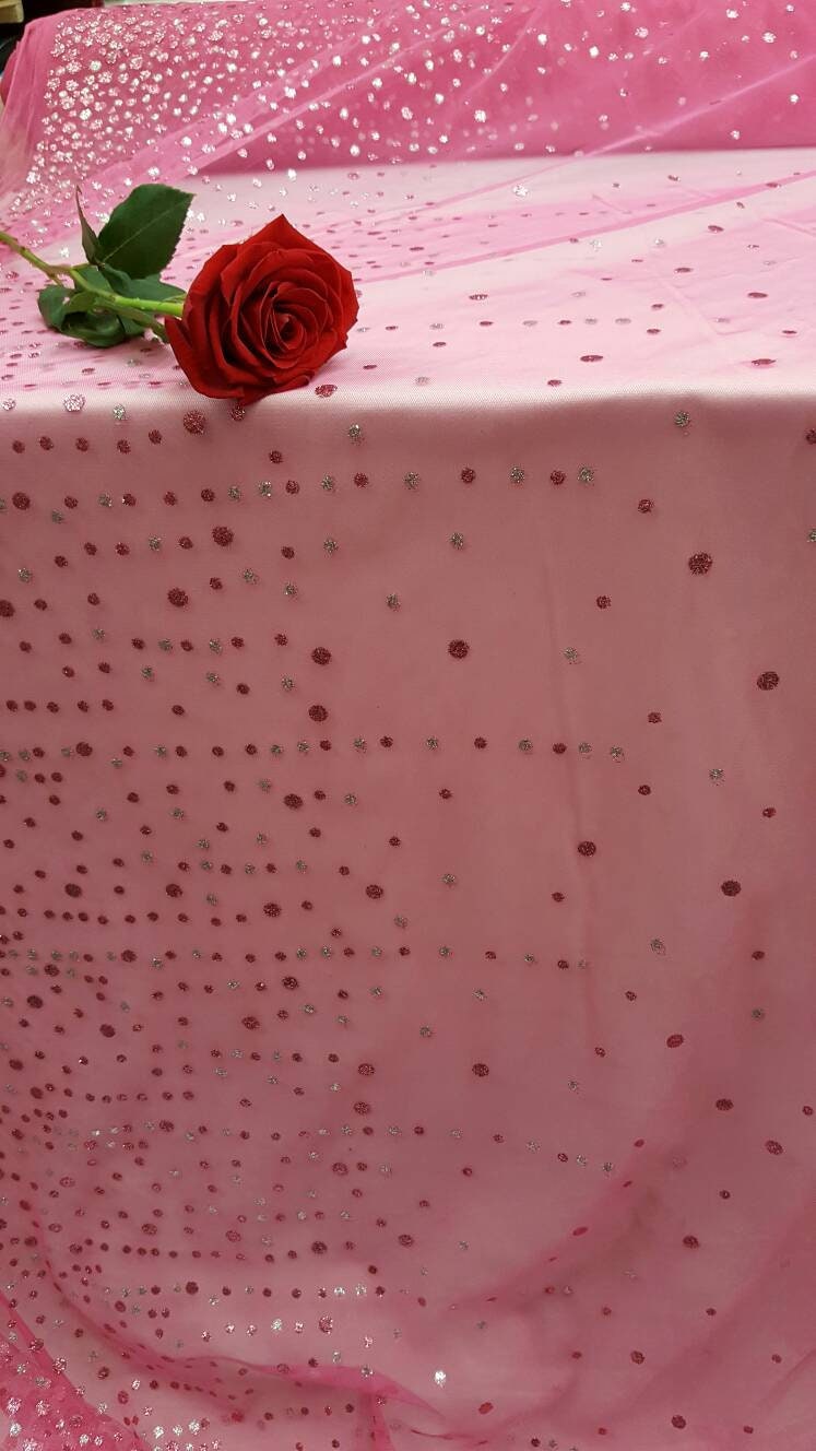 Hot Pink Stretch Mesh Sparkly Glued Silver Pink Glitter Prom Fabric Sold by the Yard Gown Quinceañera Bridal Evening Decoration