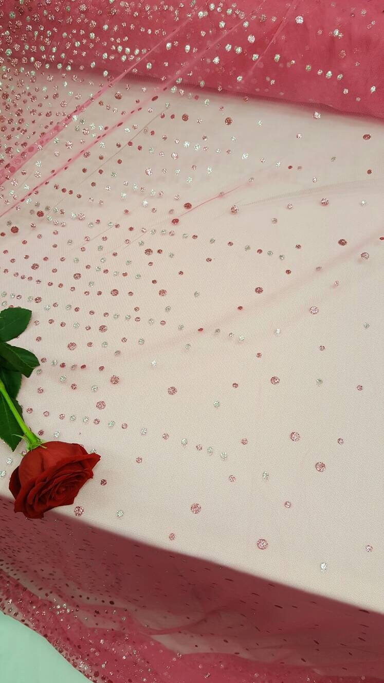 Hot Pink Stretch Mesh Sparkly Glued Silver Pink Glitter Prom Fabric Sold by the Yard Gown Quinceañera Bridal Evening Decoration