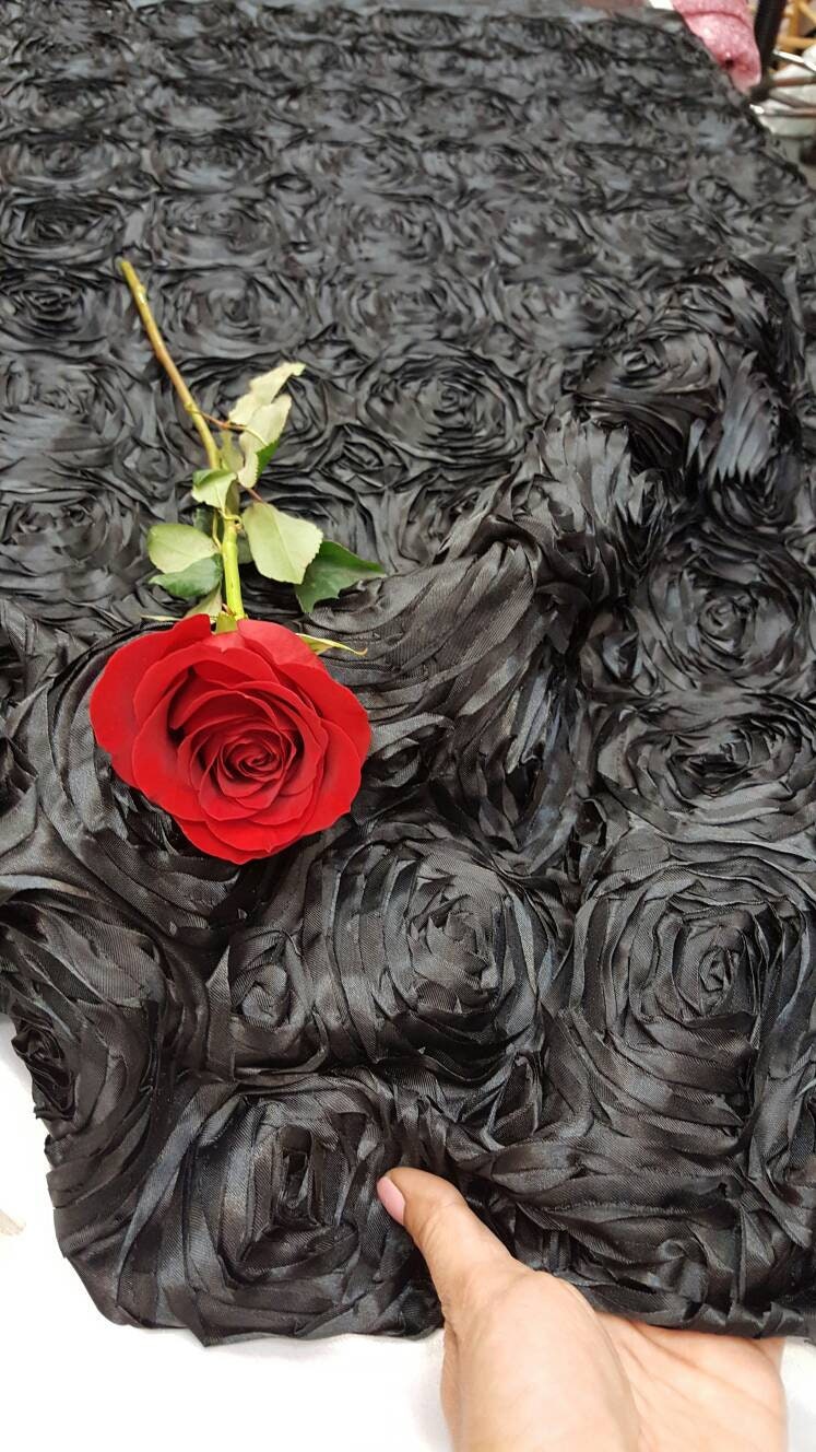 Black Satin Rosette Fabric by the Yard runners table cloths dress gown fabric to make mono mono roses satin floral flowers satin black