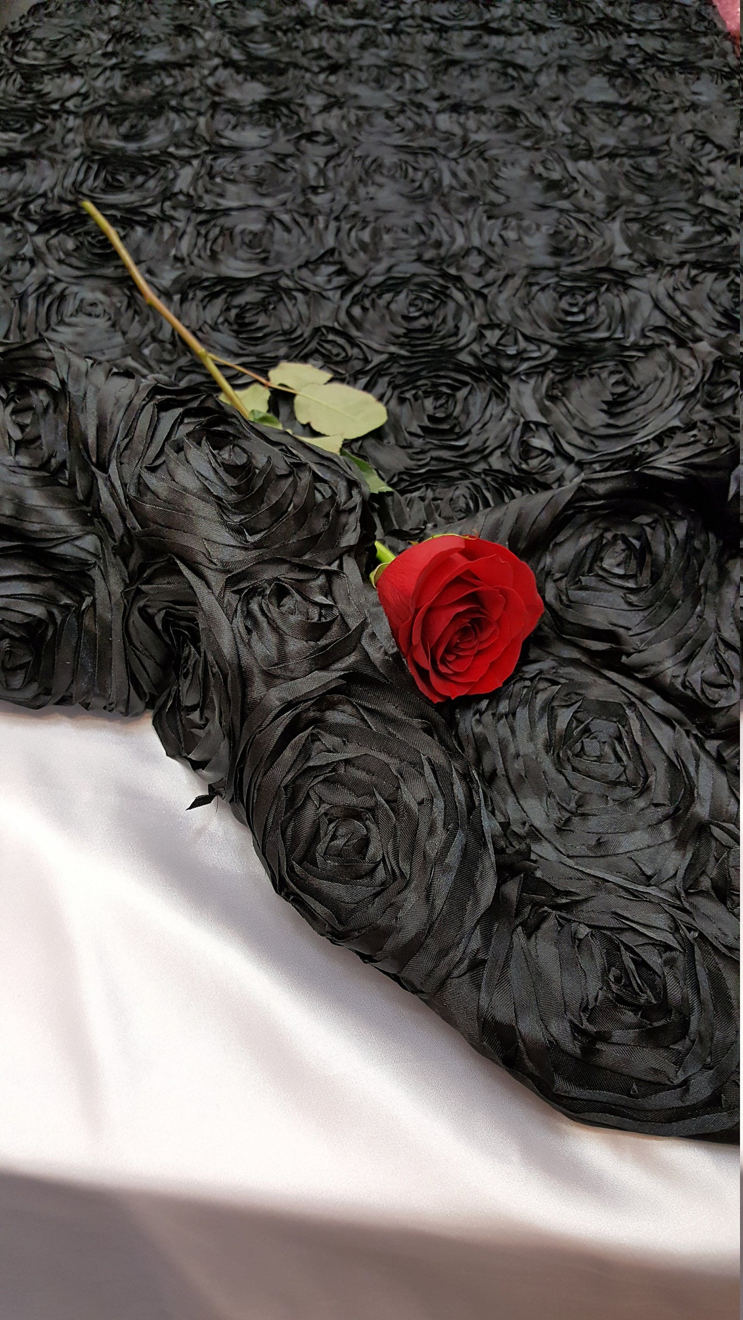 Black Satin Rosette Fabric by the Yard runners table cloths dress gown fabric to make mono mono roses satin floral flowers satin black