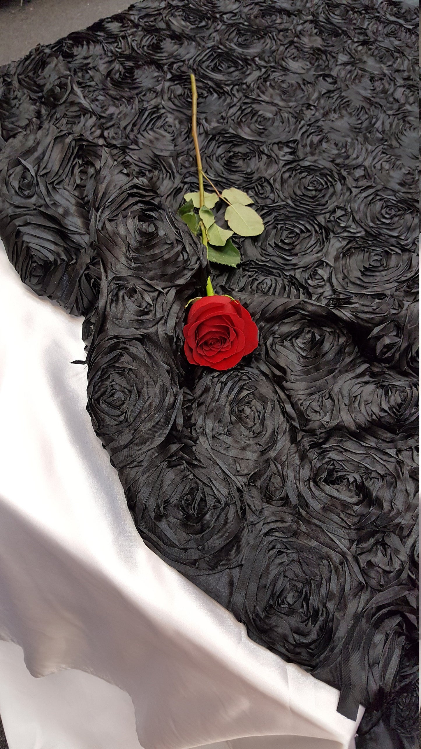 Black Satin Rosette Fabric by the Yard runners table cloths dress gown fabric to make mono mono roses satin floral flowers satin black