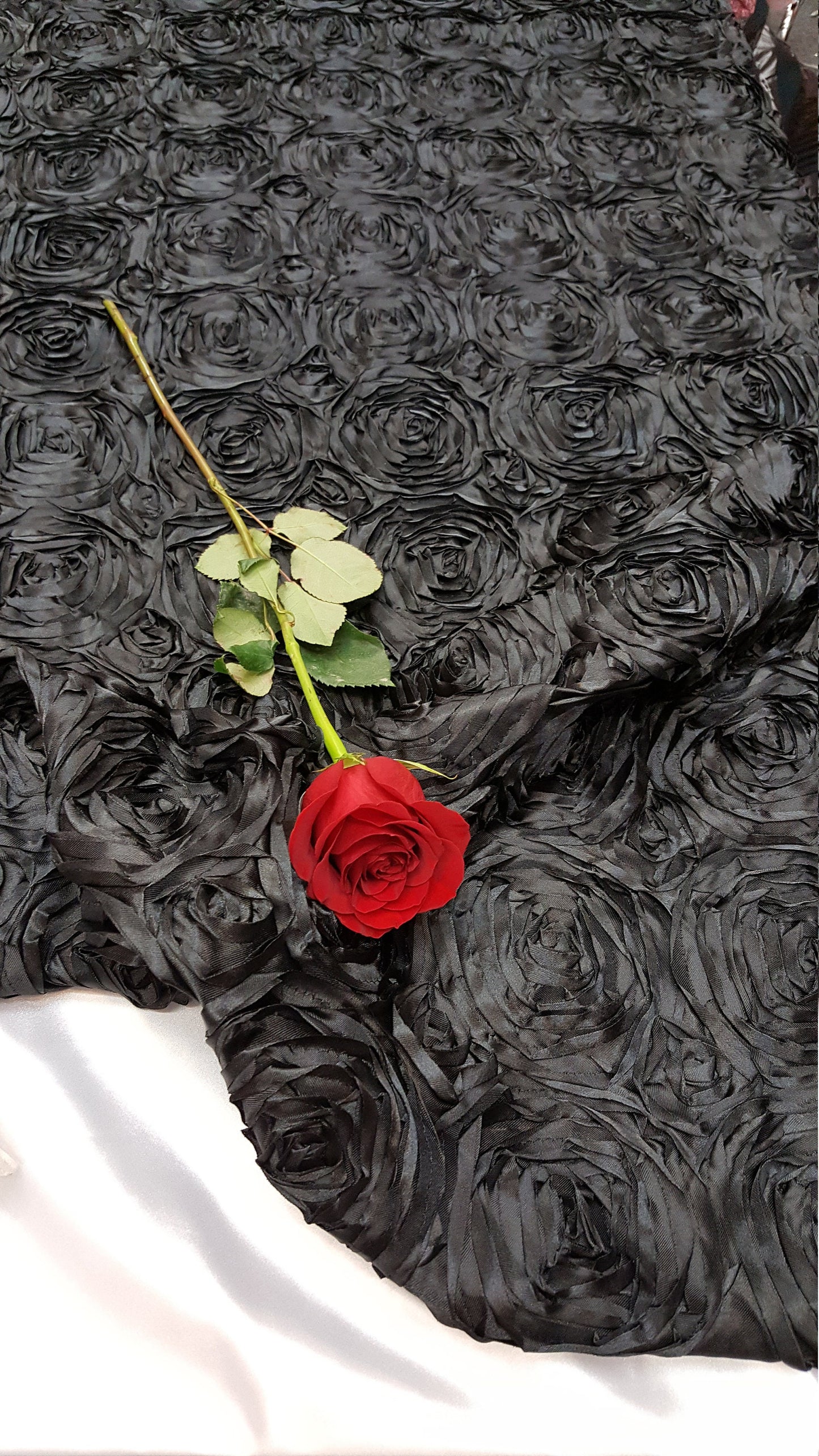 Black Satin Rosette Fabric by the Yard runners table cloths dress gown fabric to make mono mono roses satin floral flowers satin black