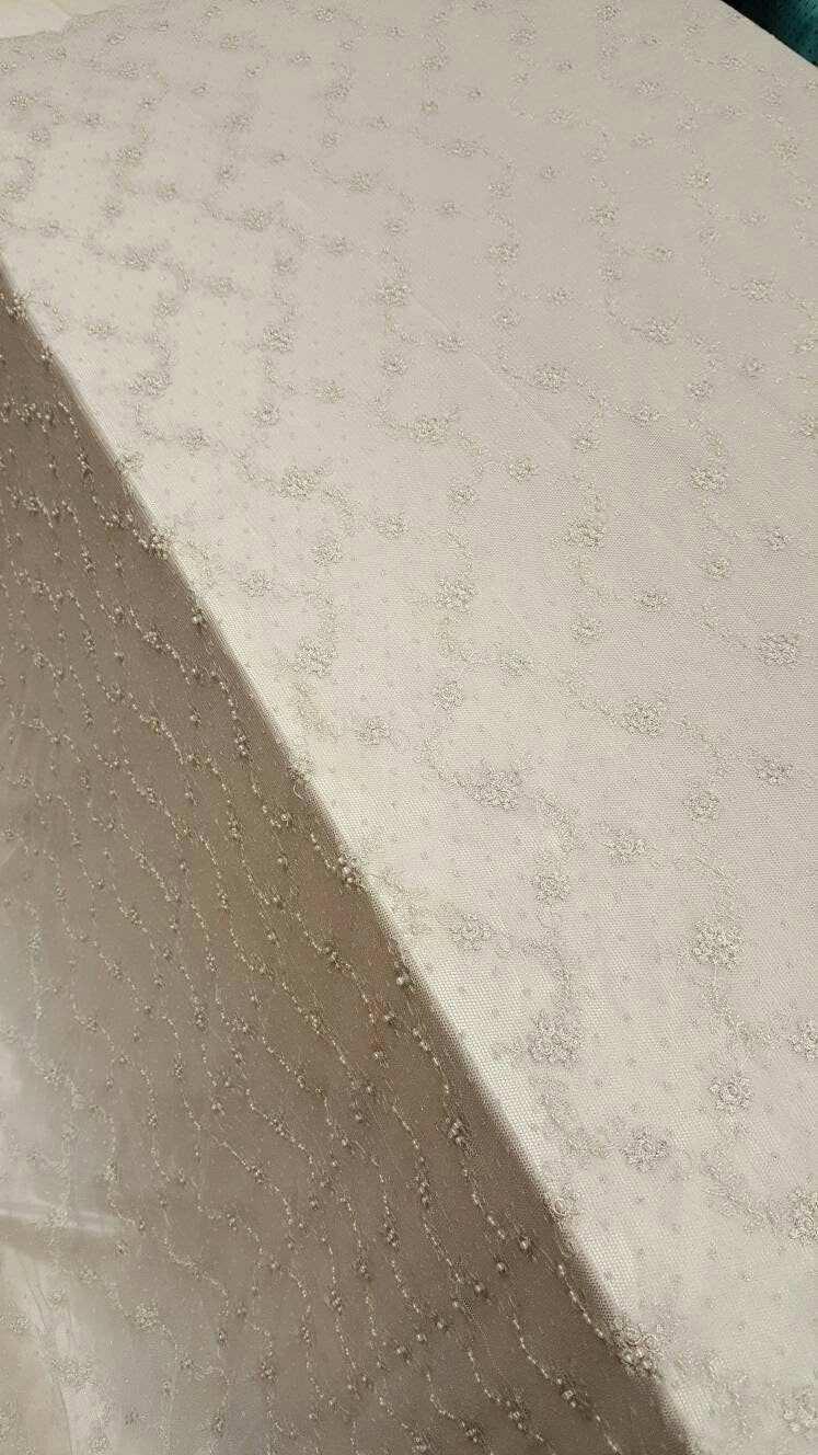 White and silver bridal embroidered stretch lace small floral flowers pearls on mesh fabric by the yard wedding gown bridal Evening dress