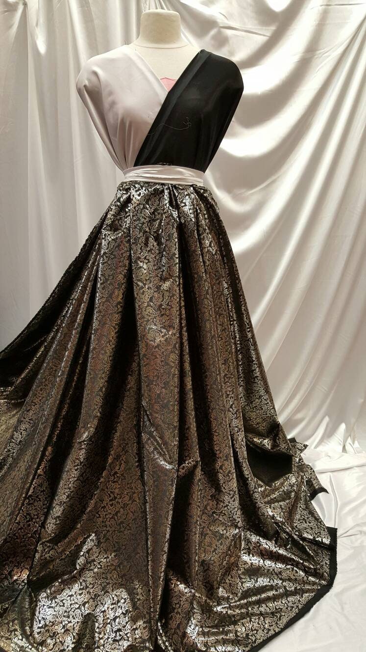 Black and Gold Shining Saten Gold Paisleys Prom Fabric Sold by the Yard Gown Quinceañera Bridal Evening Dress Decoration Draping Table Cloth
