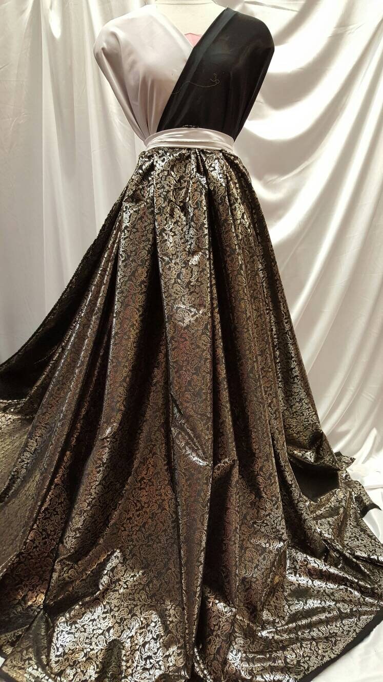 Black and Gold Shining Saten Gold Paisleys Prom Fabric Sold by the Yard Gown Quinceañera Bridal Evening Dress Decoration Draping Table Cloth
