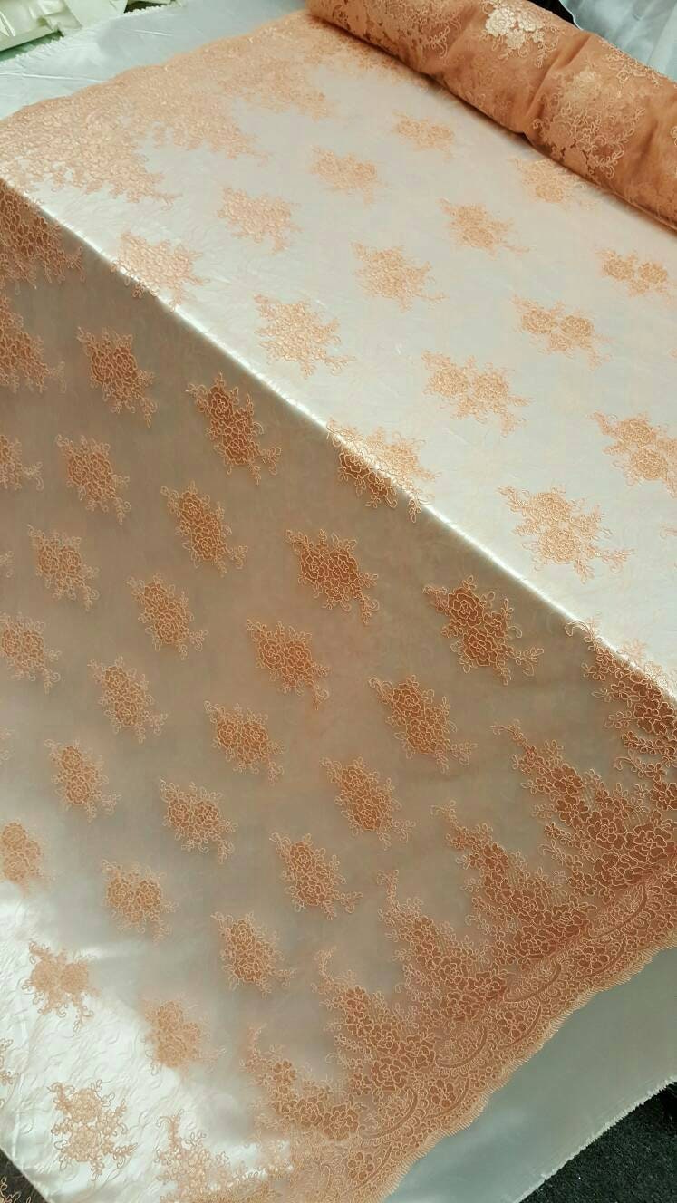 Salmón Lace Fabric Sold by the Yard Floral Flowers Double Scalloped Embroidered on Chantelly Soft Lace Prom Bridal Evening Dress Draping