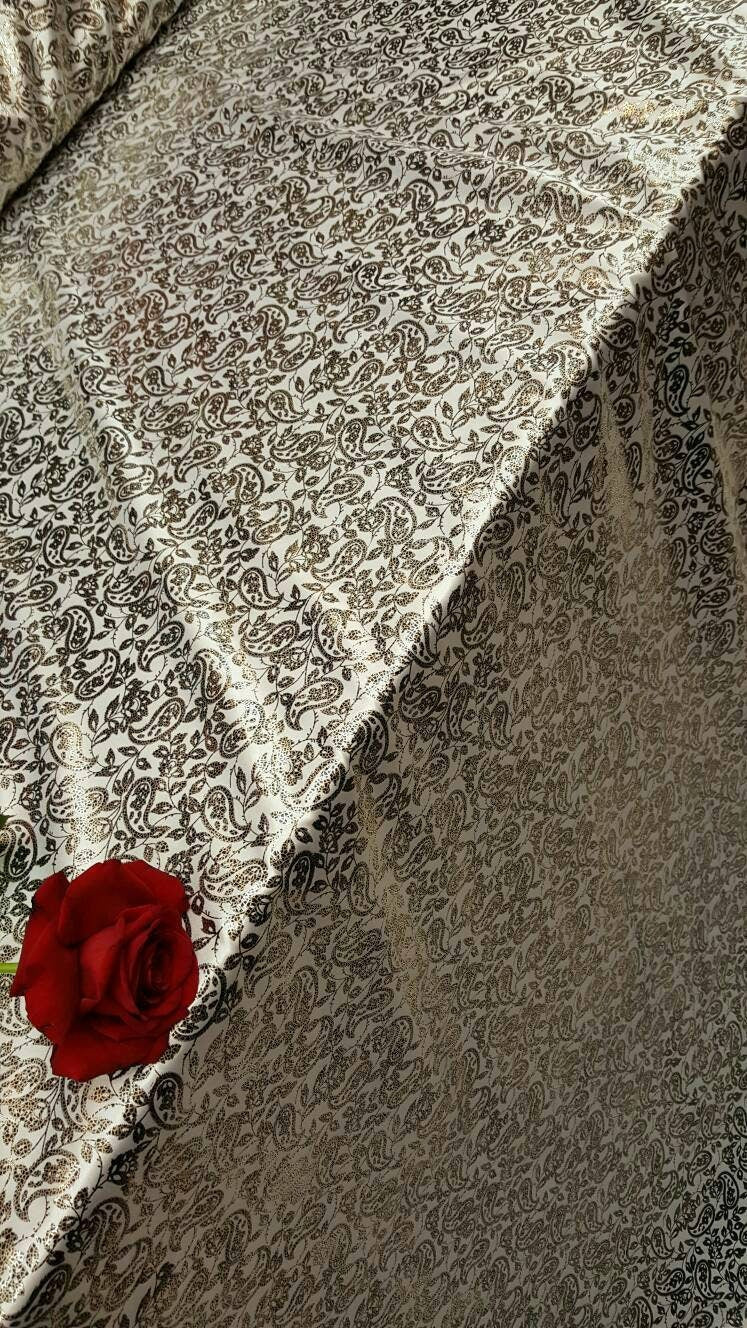 Gold Paisleys on White Satin Wedding Fabric Sold by the Yard Gown Bridal Decoration Draping Table Cloths Clothing Prom