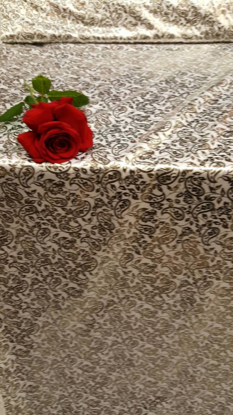 Gold Paisleys on White Satin Wedding Fabric Sold by the Yard Gown Bridal Decoration Draping Table Cloths Clothing Prom