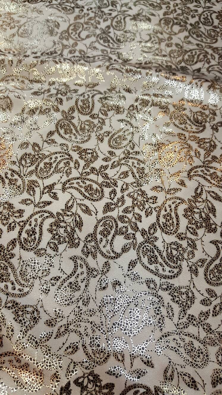 Gold Paisleys on White Satin Wedding Fabric Sold by the Yard Gown Bridal Decoration Draping Table Cloths Clothing Prom