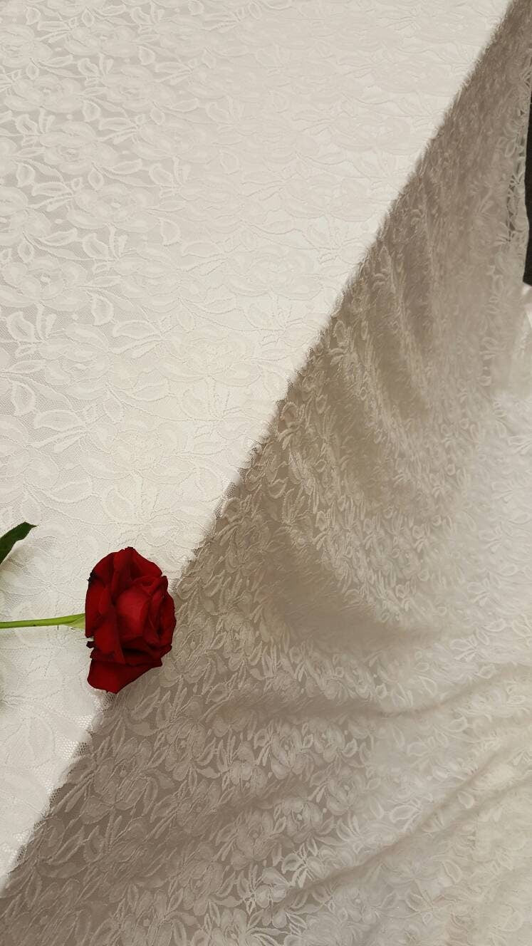 White Bridal stretch Lace Floral Flowers Embroidered on 4 Way Stretch Mesh Wedding Fabric Sold by the Yard Gown Dress Decoration Draping