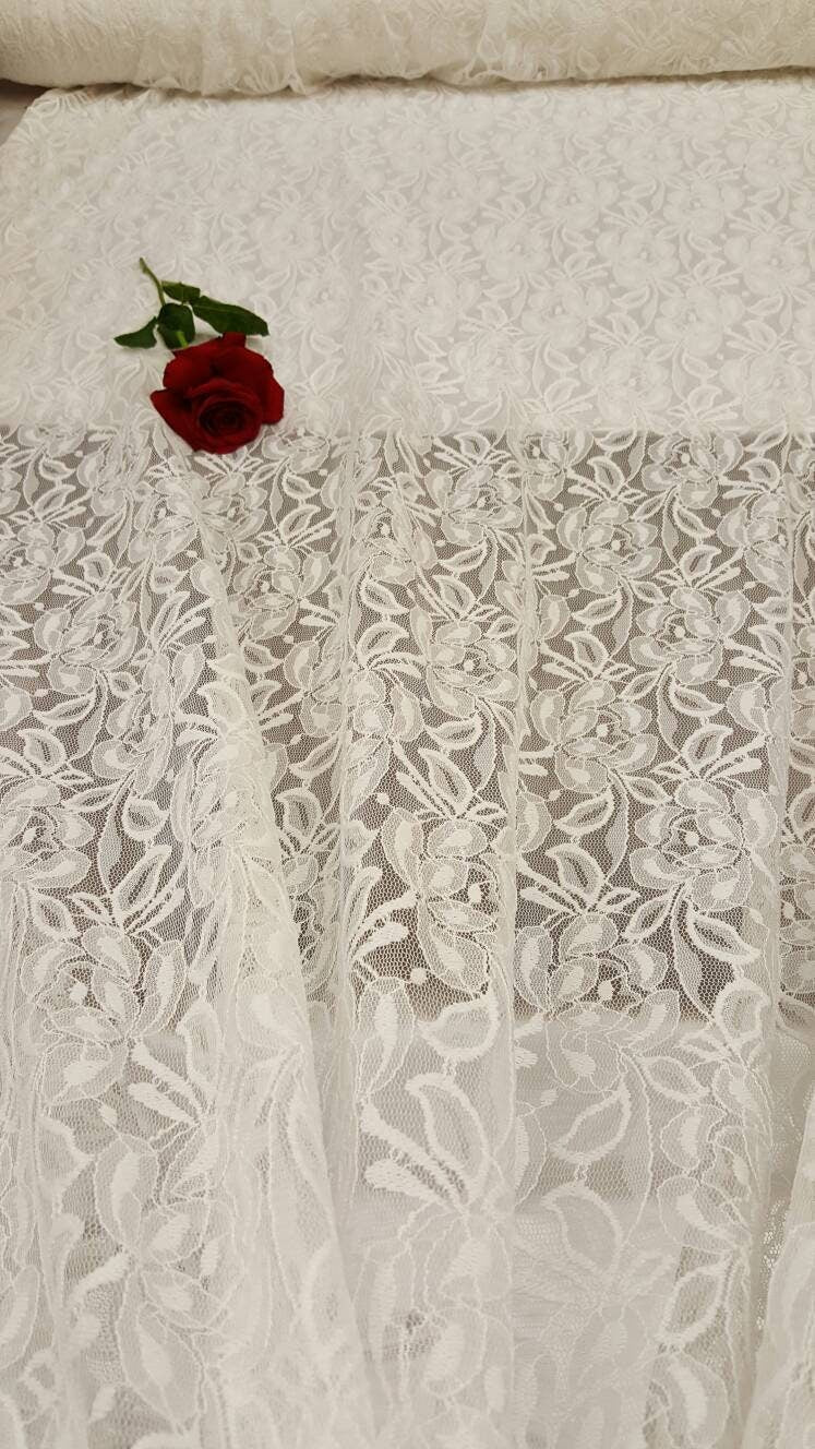 White Bridal stretch Lace Floral Flowers Embroidered on 4 Way Stretch Mesh Wedding Fabric Sold by the Yard Gown Dress Decoration Draping