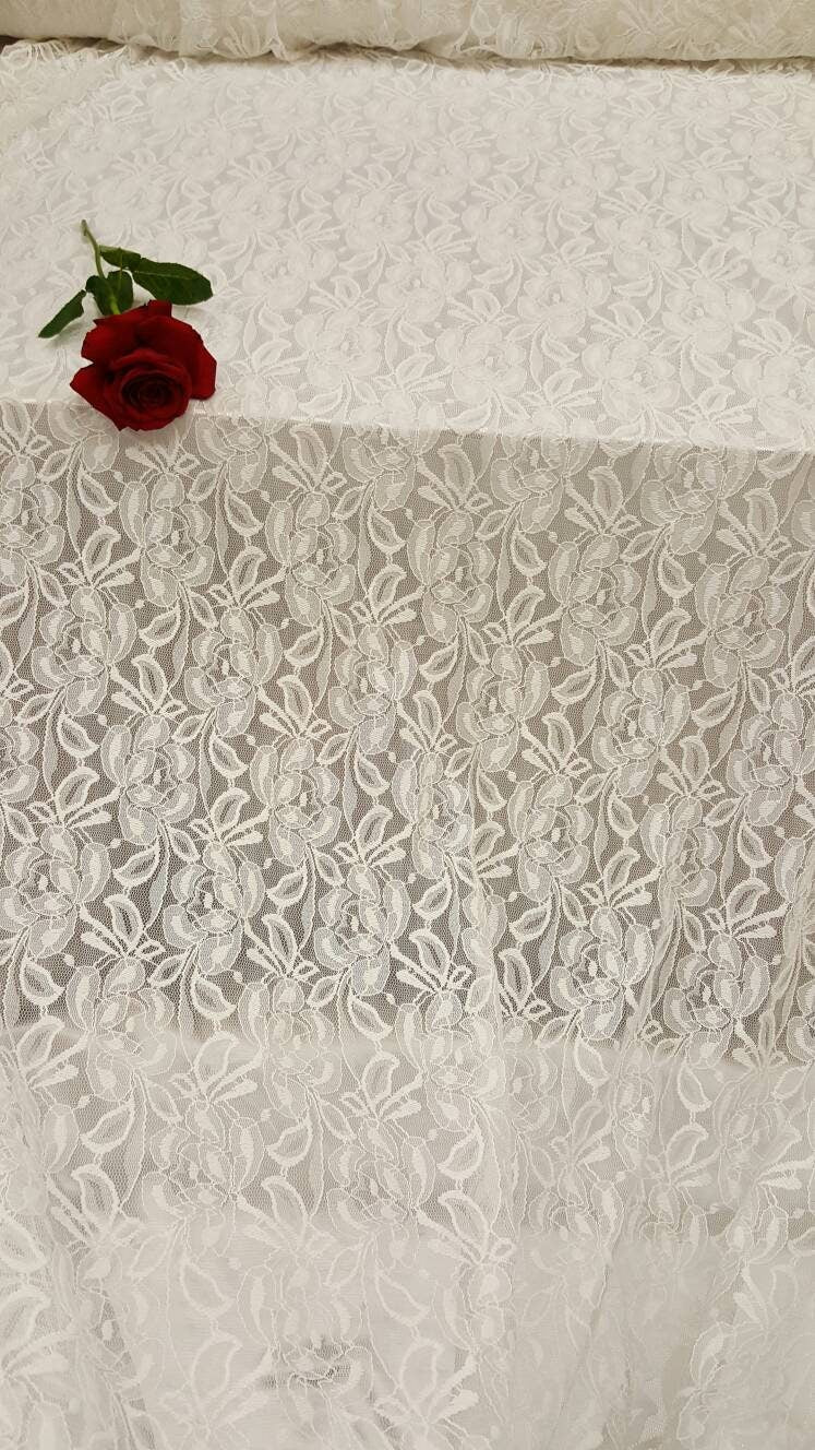 White Bridal stretch Lace Floral Flowers Embroidered on 4 Way Stretch Mesh Wedding Fabric Sold by the Yard Gown Dress Decoration Draping