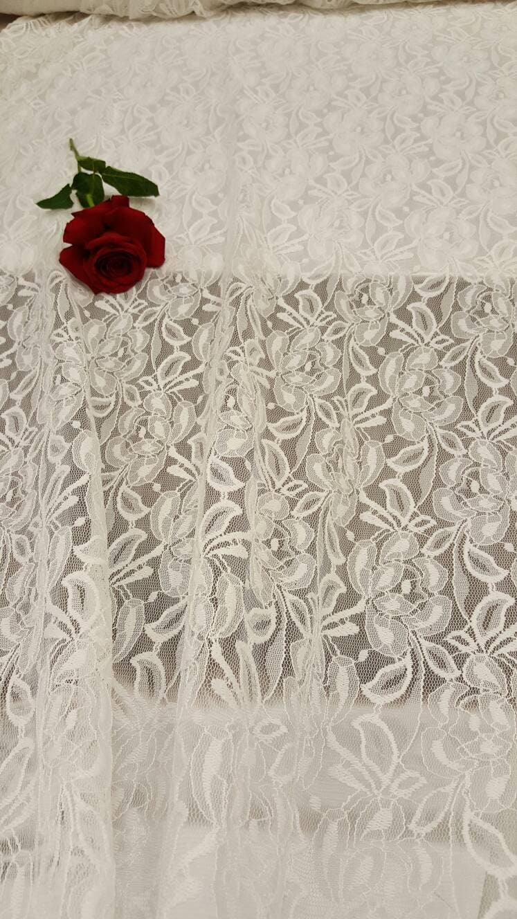 White Bridal stretch Lace Floral Flowers Embroidered on 4 Way Stretch Mesh Wedding Fabric Sold by the Yard Gown Dress Decoration Draping