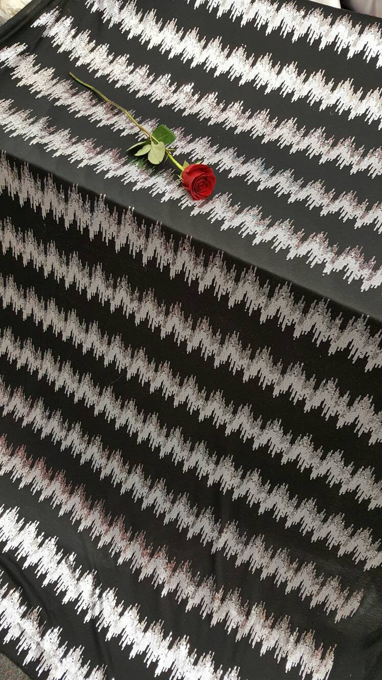 Silver sequin on black Jersey knit stretch fabric sold by yard decoration clothing draping dress dancer clothing Fashion fabric