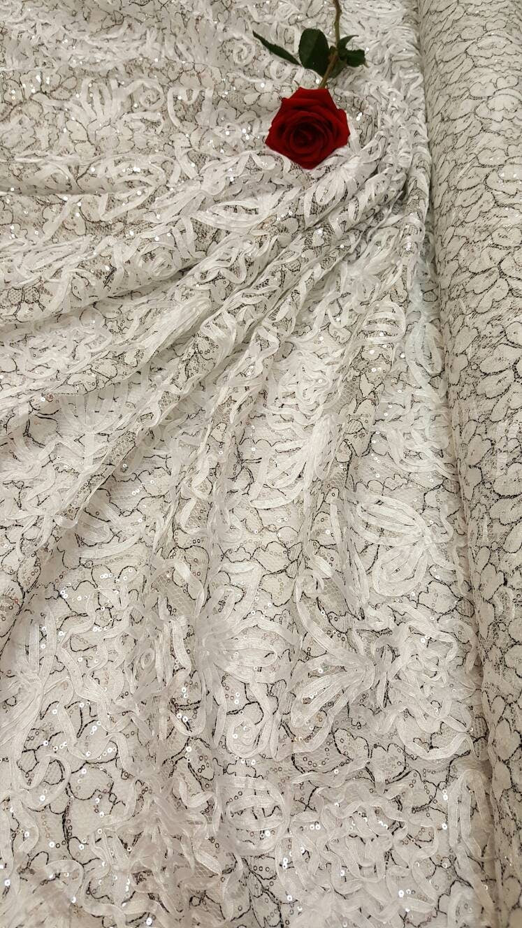 White and Black Embroidered Silver Sequin White Ribbon on Mesh Fabric by the Yard Gown Quinceañera Bridal Evening Dress Decoration Draping