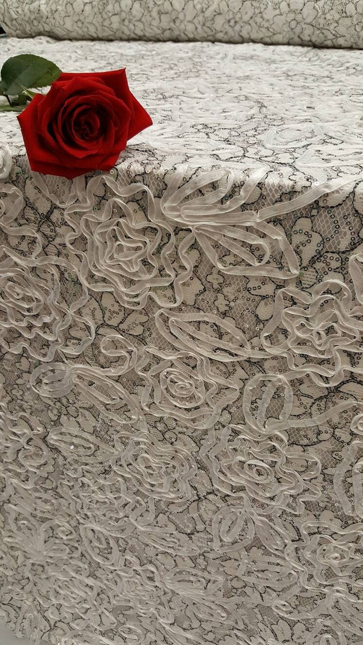 White and Black Embroidered Silver Sequin White Ribbon on Mesh Fabric by the Yard Gown Quinceañera Bridal Evening Dress Decoration Draping