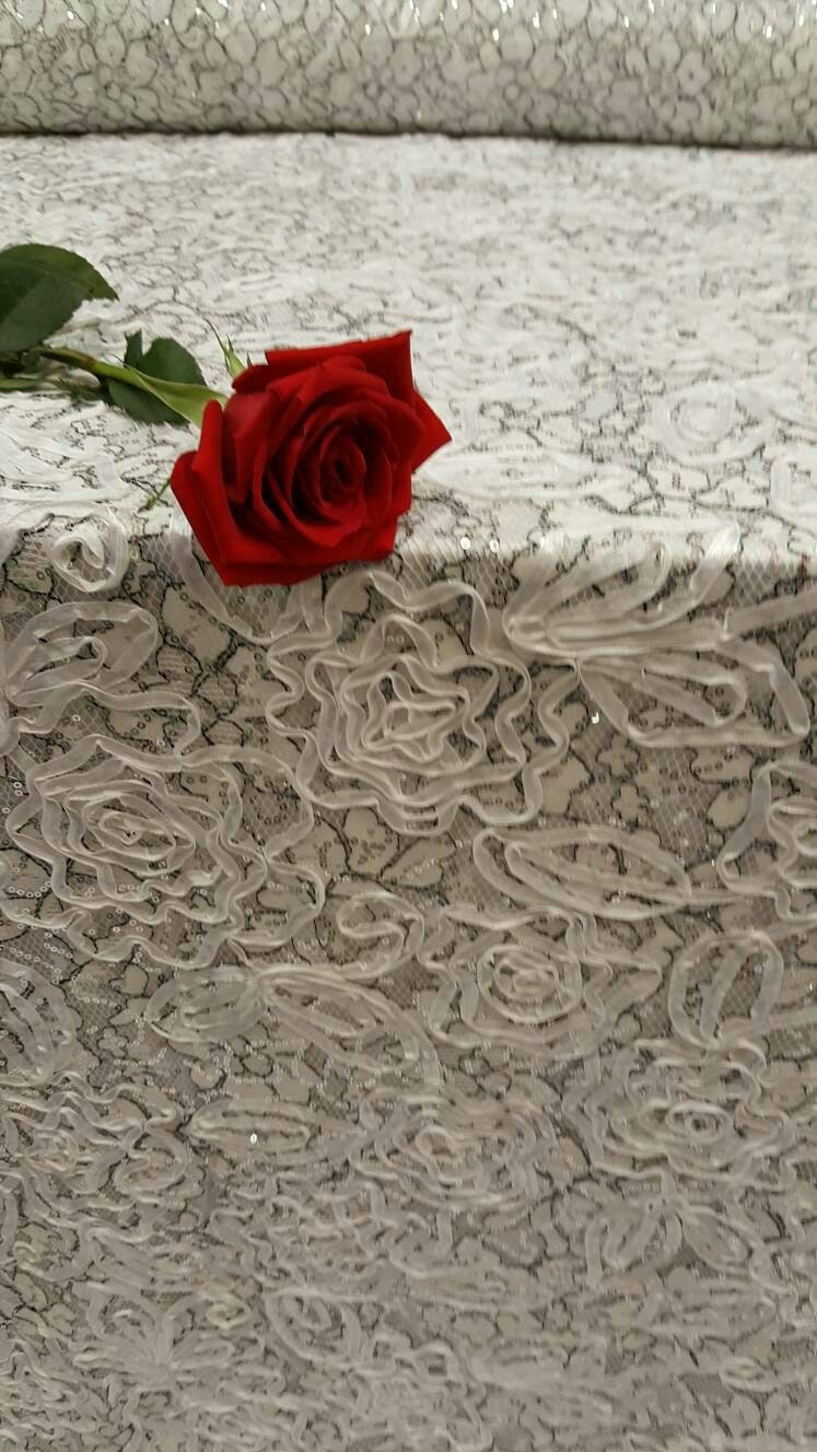 White and Black Embroidered Silver Sequin White Ribbon on Mesh Fabric by the Yard Gown Quinceañera Bridal Evening Dress Decoration Draping