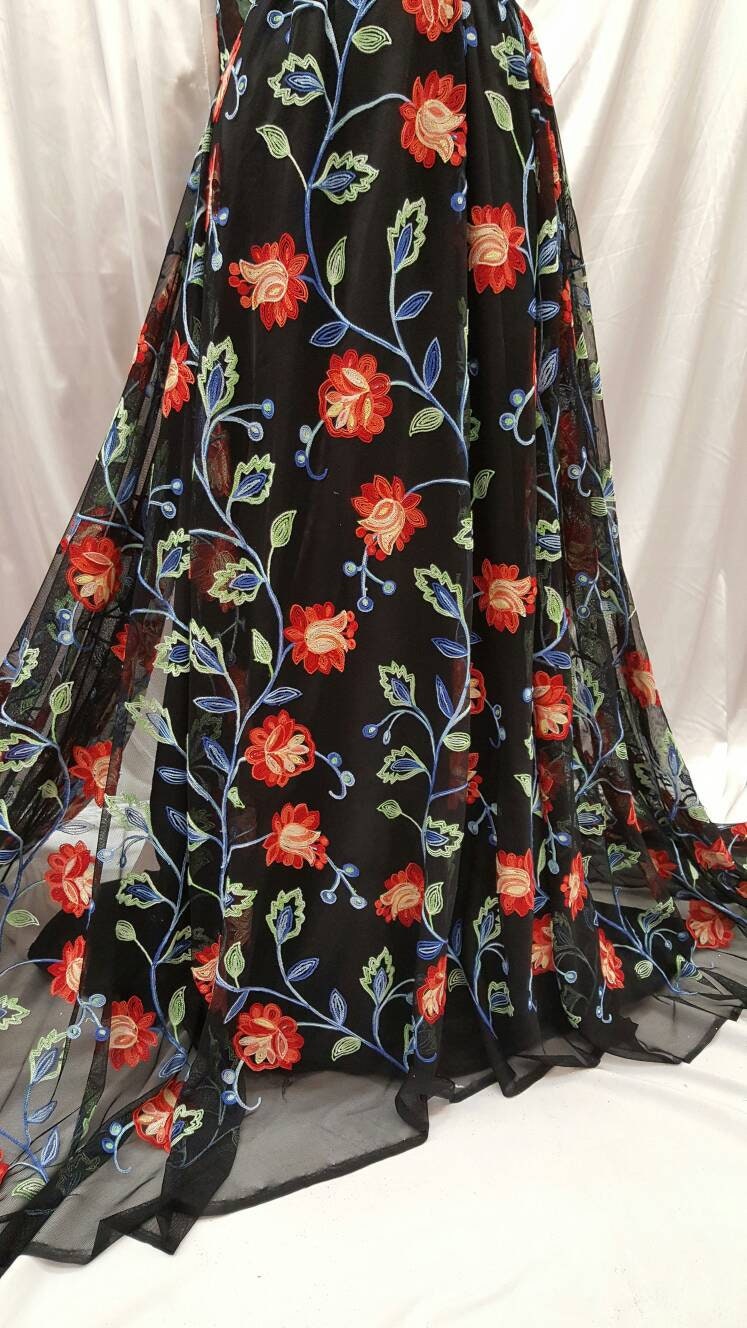 Multicolor Floral Flowers Embroidered Lace Prom Fabric by the Yard Gown Quinceañera Decoration Coral Blue Green Black Mesh