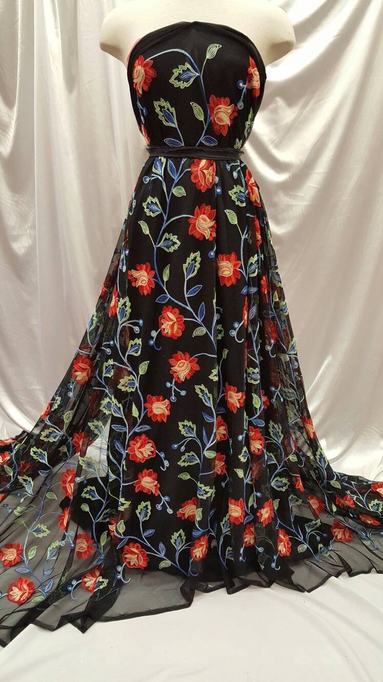 Multicolor Floral Flowers Embroidered Lace Prom Fabric by the Yard Gown Quinceañera Decoration Coral Blue Green Black Mesh