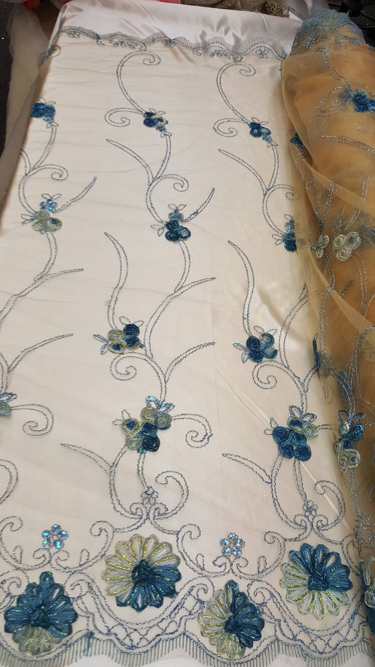 Blue Lace Embroidered ribbon Floral Flowers 1 Border Fabric Sold by the Yard Cord on champagne Mesh Bridal Dress Draping Decoration