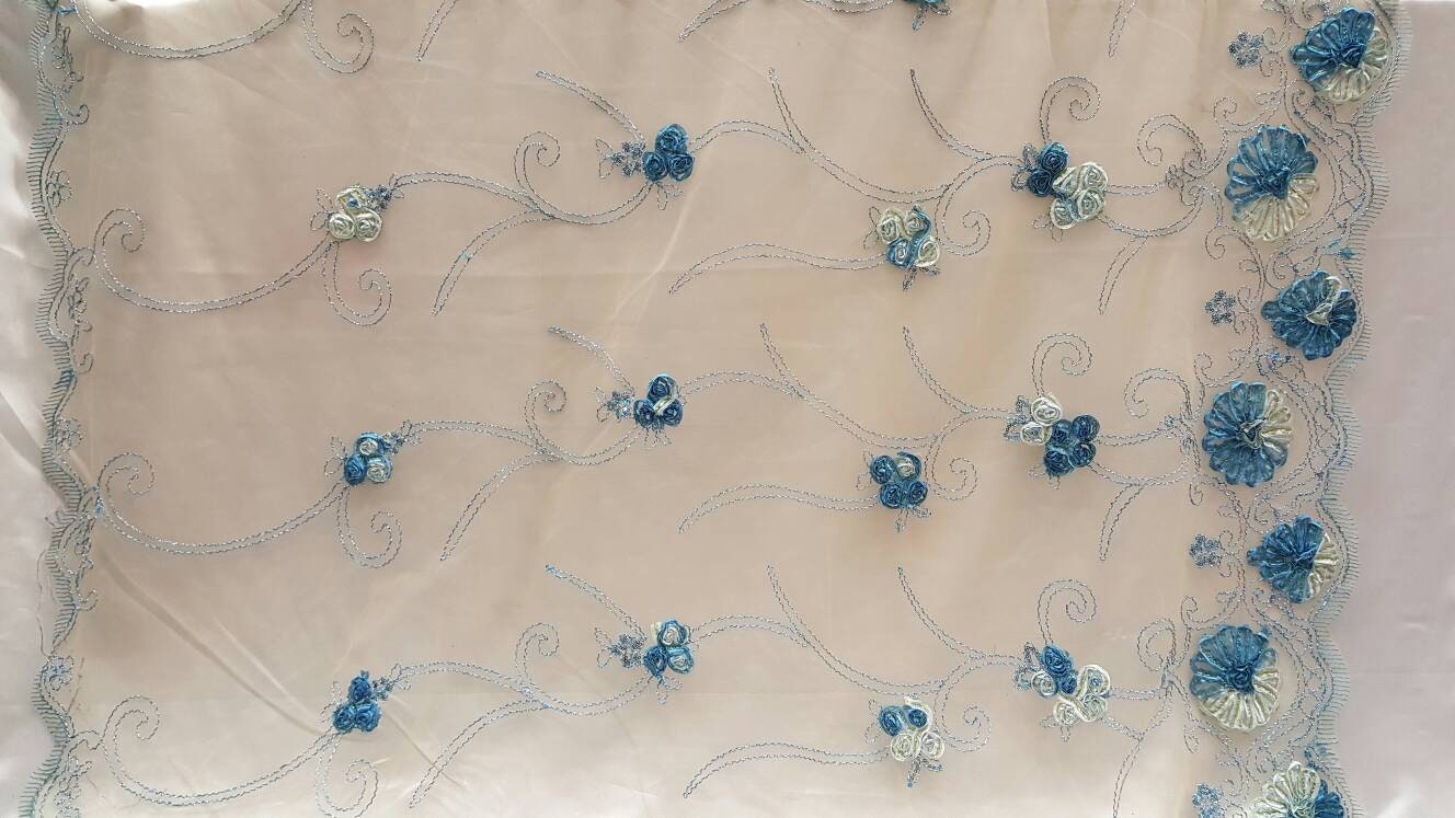 Blue Lace Embroidered ribbon Floral Flowers 1 Border Fabric Sold by the Yard Cord on champagne Mesh Bridal Dress Draping Decoration