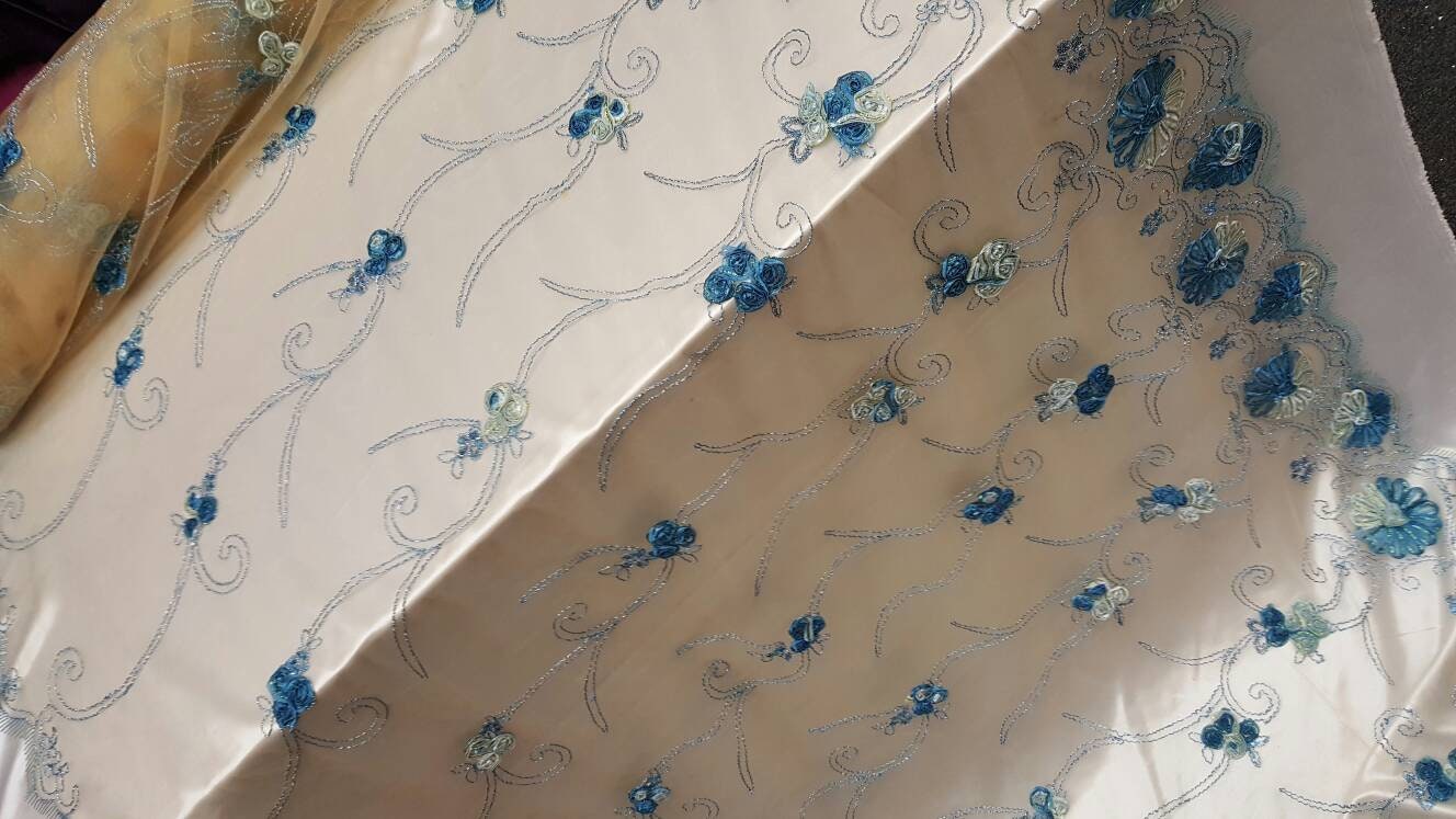 Blue Lace Embroidered ribbon Floral Flowers 1 Border Fabric Sold by the Yard Cord on champagne Mesh Bridal Dress Draping Decoration