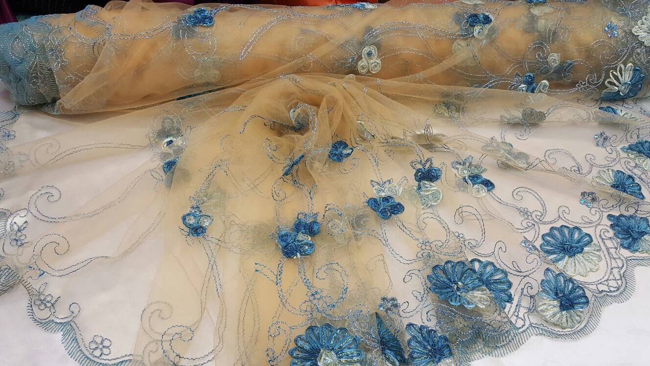 Blue Lace Embroidered ribbon Floral Flowers 1 Border Fabric Sold by the Yard Cord on champagne Mesh Bridal Dress Draping Decoration