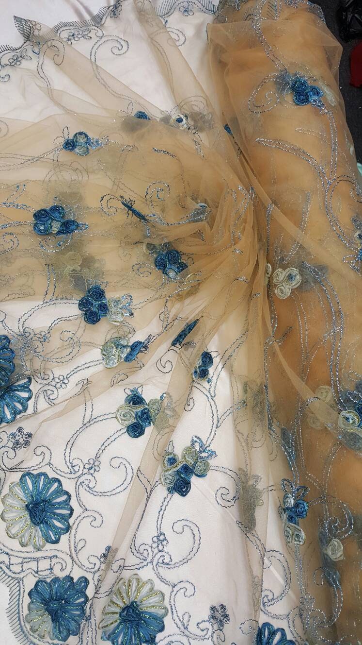 Blue Lace Embroidered ribbon Floral Flowers 1 Border Fabric Sold by the Yard Cord on champagne Mesh Bridal Dress Draping Decoration