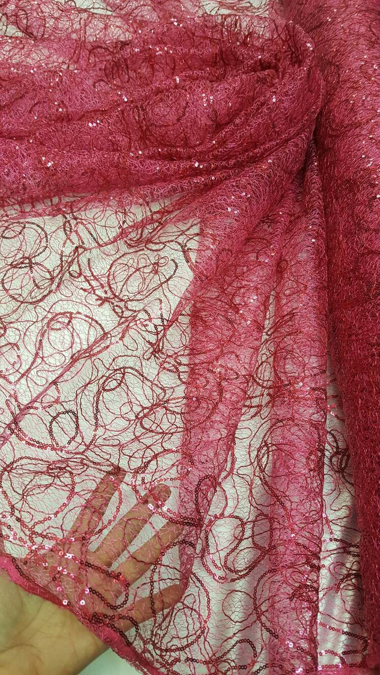 Hot Pink Spider Web Embroidered Lace Sequin Geometric Prom Fabric Sold by the Yard Quinceañera Bridal Party Decoration Draping