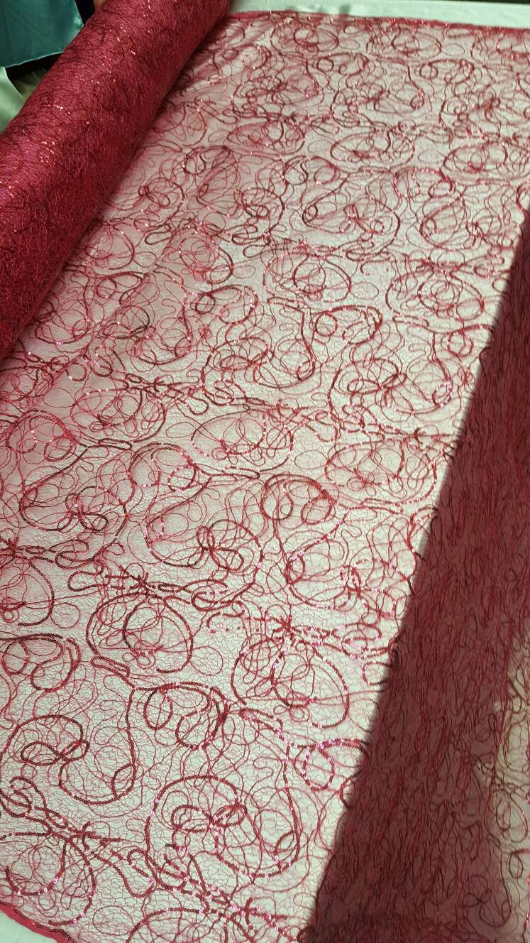 Hot Pink Spider Web Embroidered Lace Sequin Geometric Prom Fabric Sold by the Yard Quinceañera Bridal Party Decoration Draping